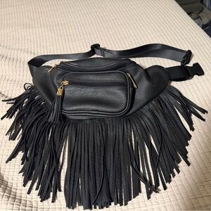 Fringed Black Crossbody Belt Bag